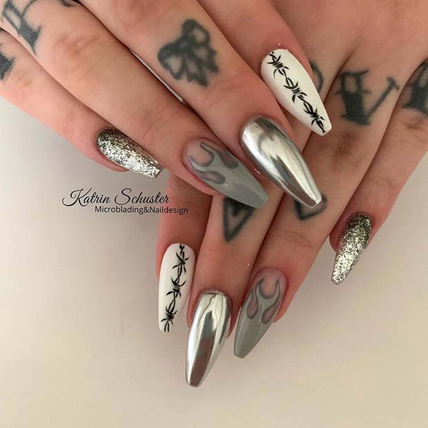 12. NAILS IN SILVER WITH FLAMES