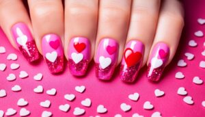 red and pink heart nail art